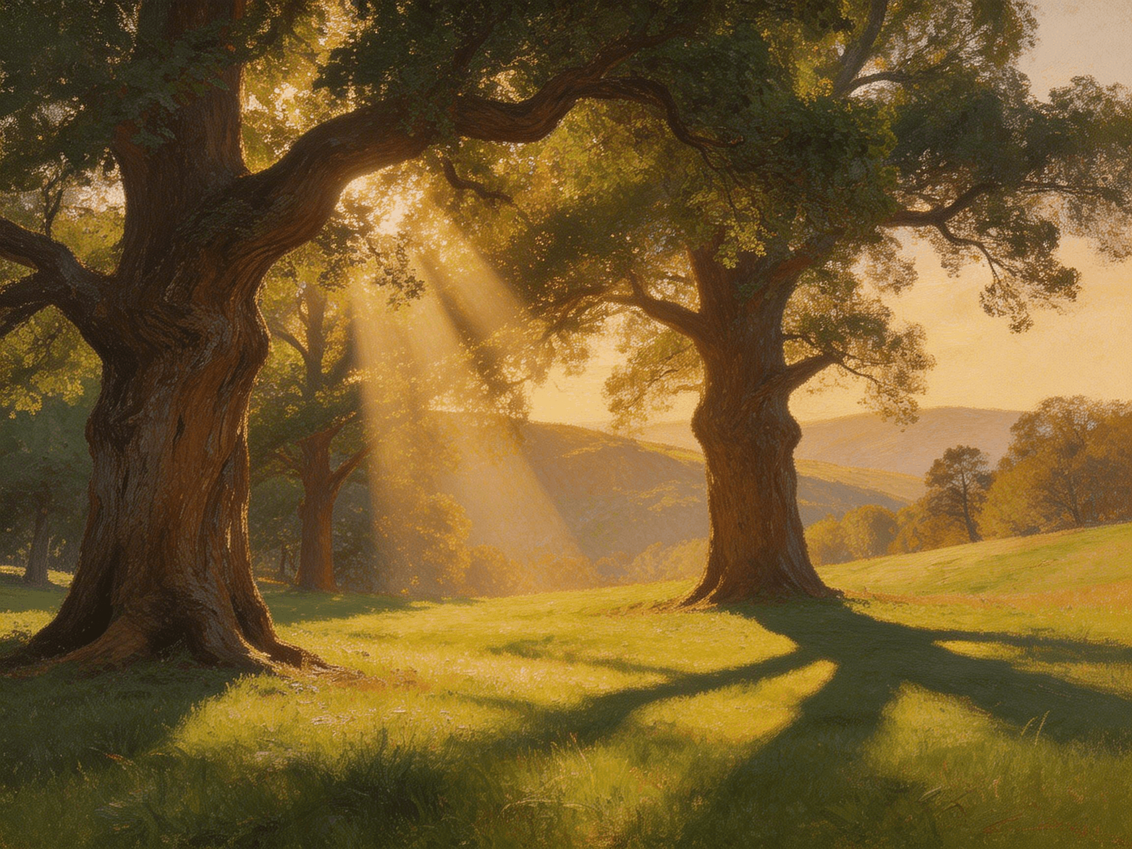 Sunlight streaming through large oak trees in a grassy meadow with hills in the background at golden hour.