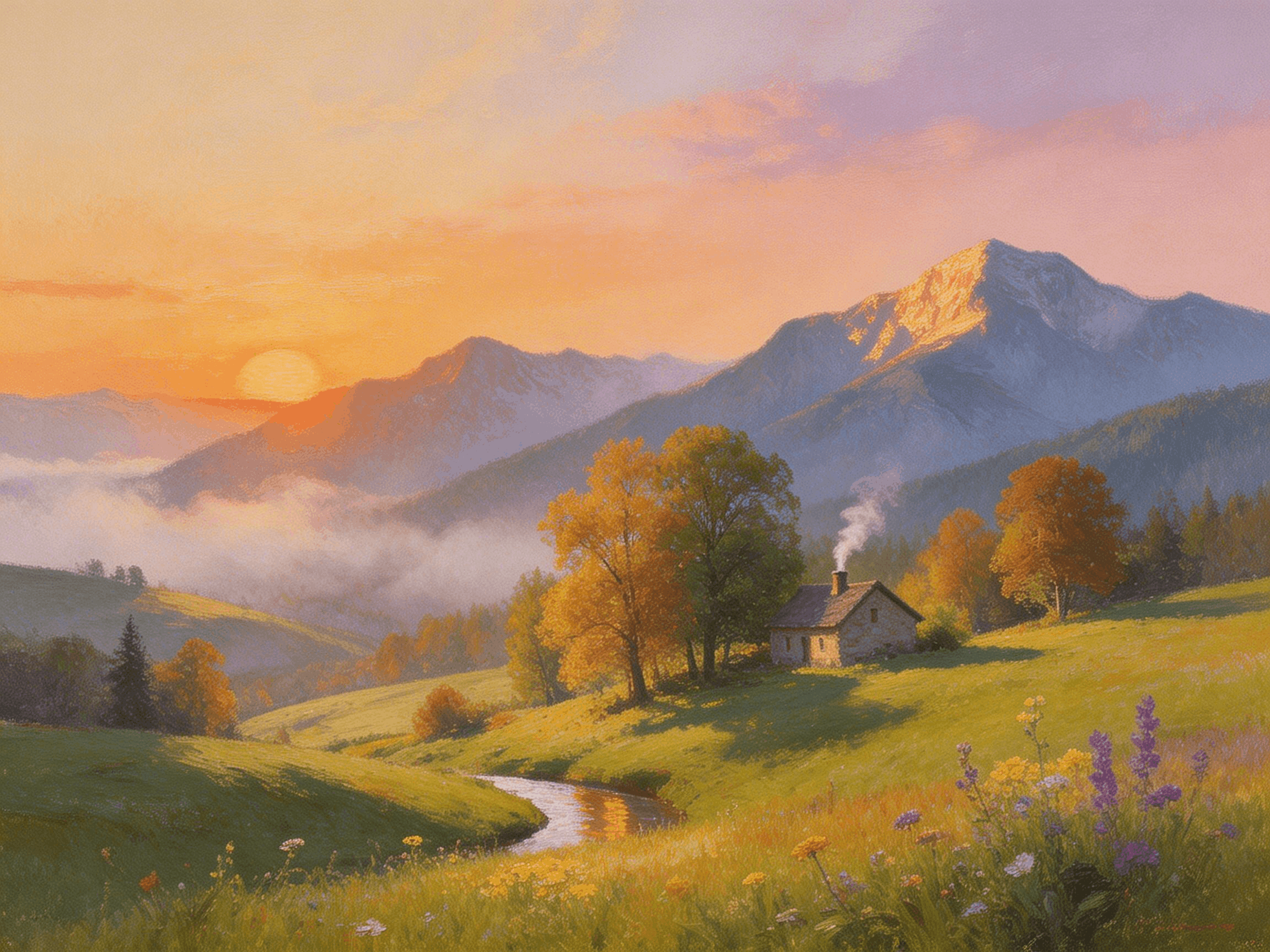 Sunset over a mountain valley with a small house, autumn trees, a winding stream, and wildflowers in the foreground.