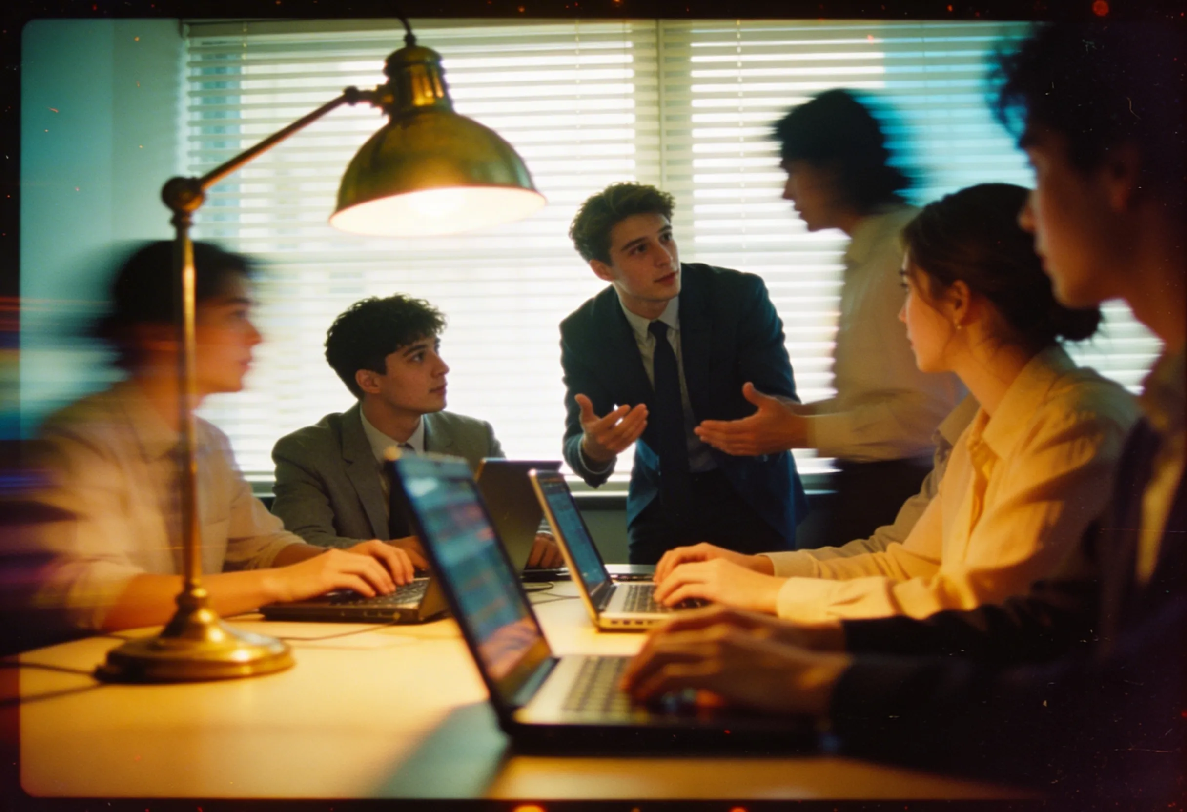 Young professionals in a meeting room using laptops and discussing ideas under a desk lamp with window blinds in the backg...
