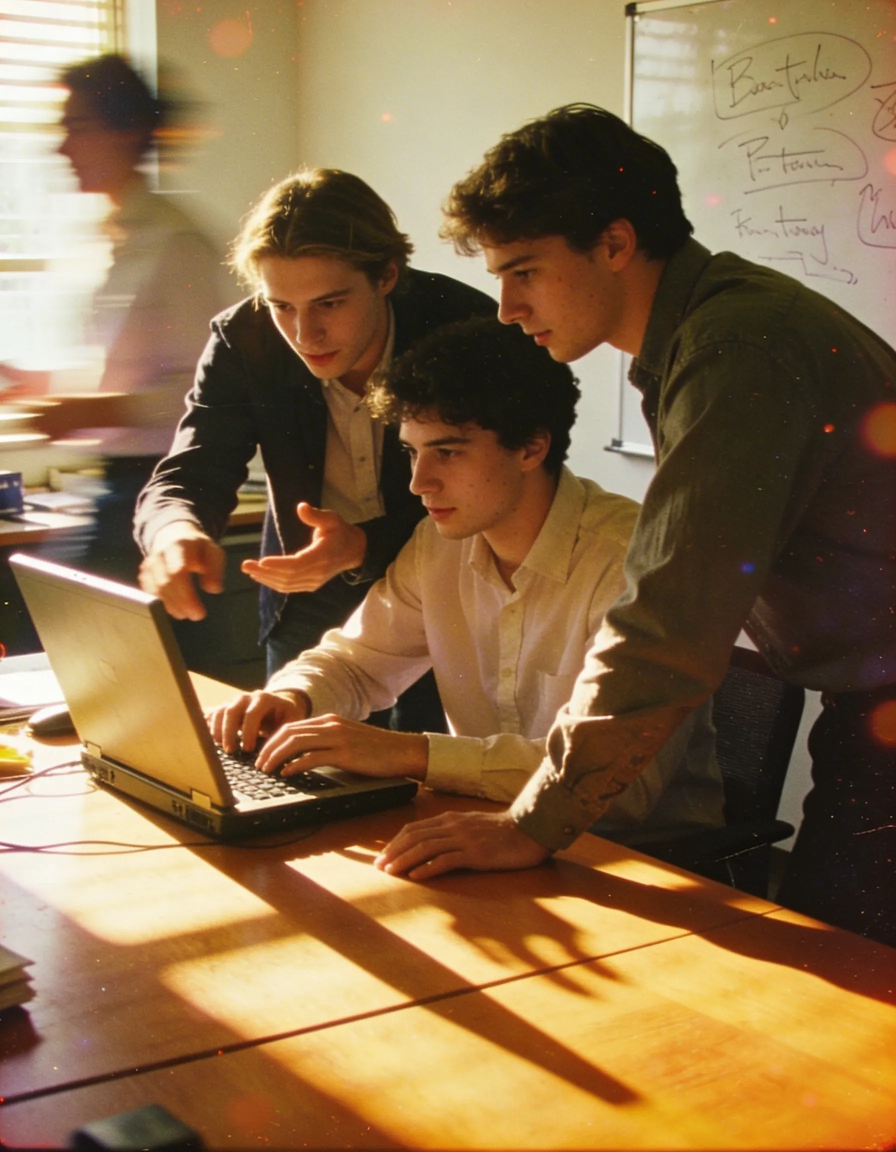 Three young men collaborating on a laptop in a sunlit office with a whiteboard in the background.