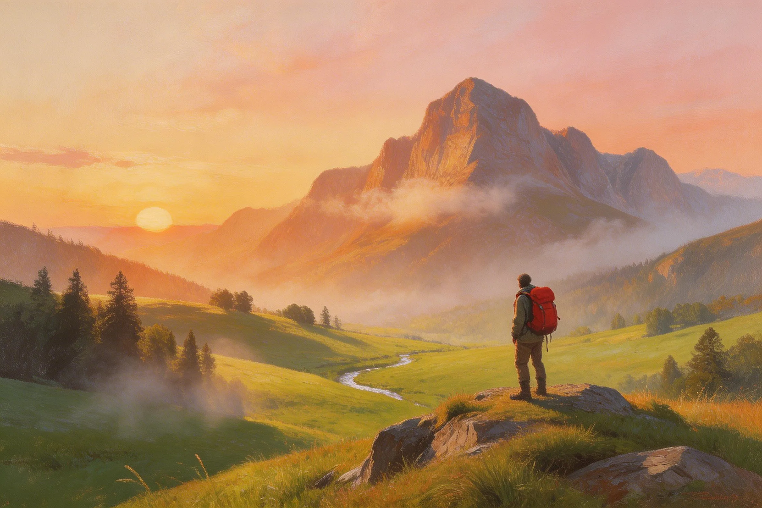 Hiker with red backpack standing on a rock overlooking a misty mountain valley at sunrise.