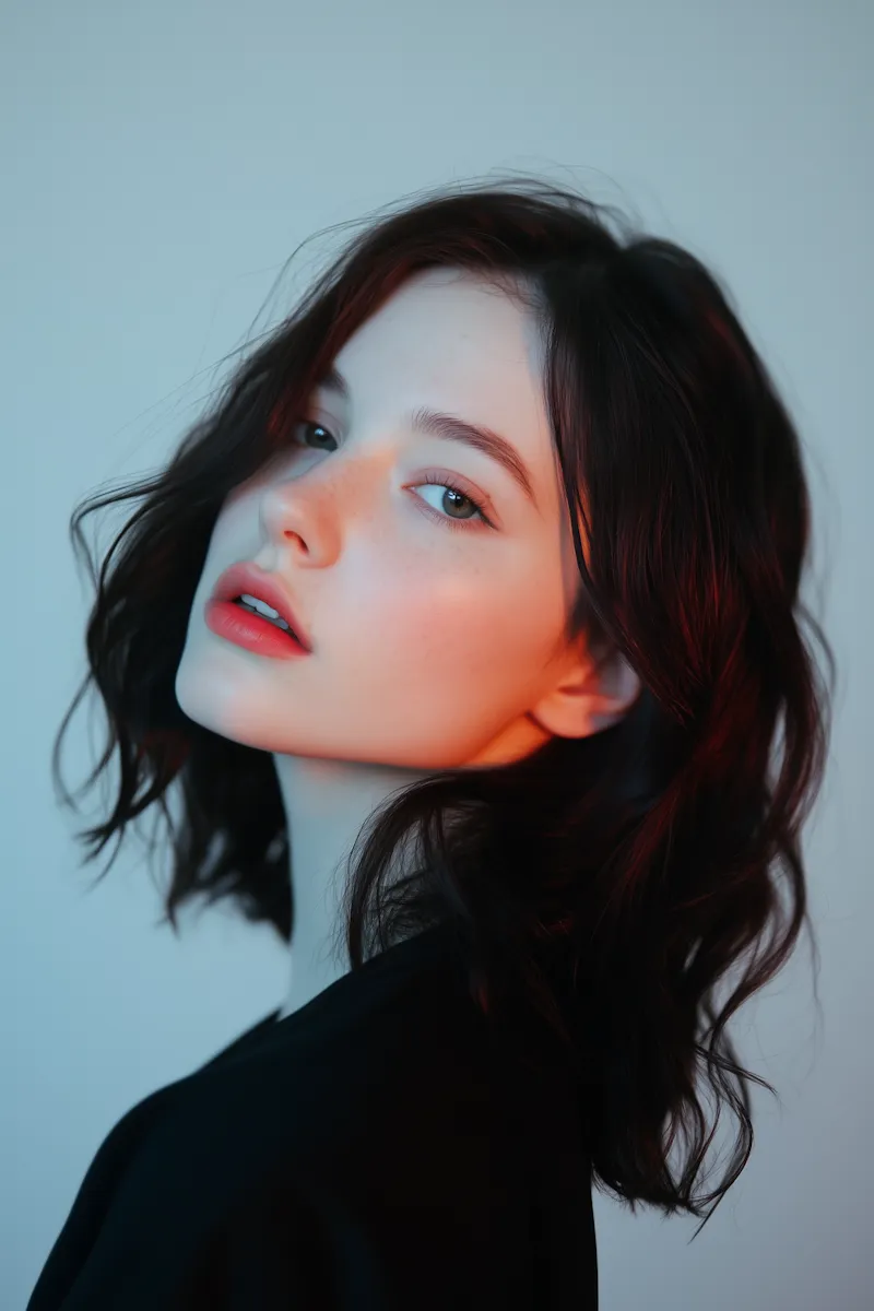 Young woman with wavy dark hair and light makeup posing against a plain blue-gray background.