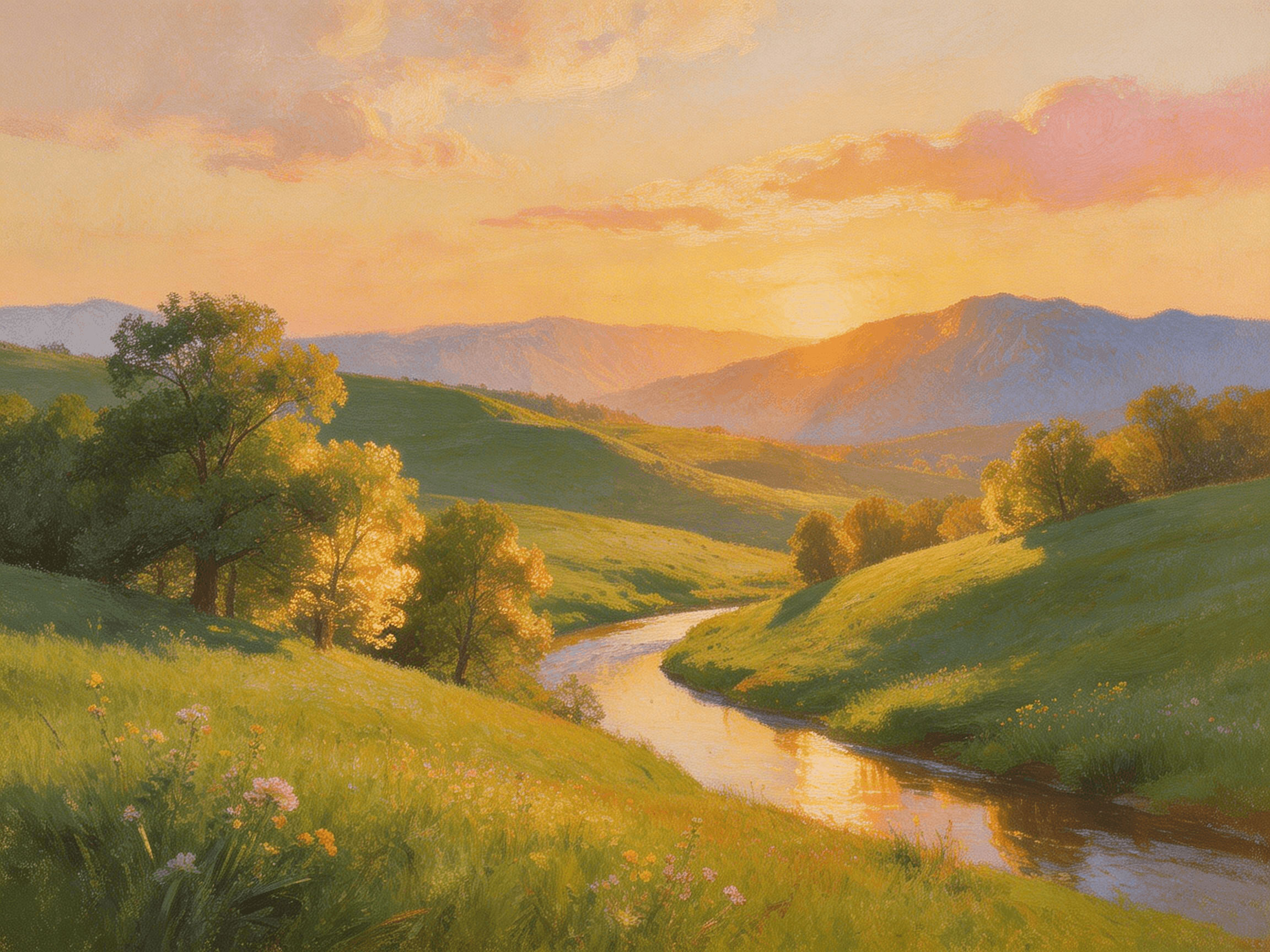 Sunset over a winding river flowing through green hills with trees and wildflowers in a peaceful valley.