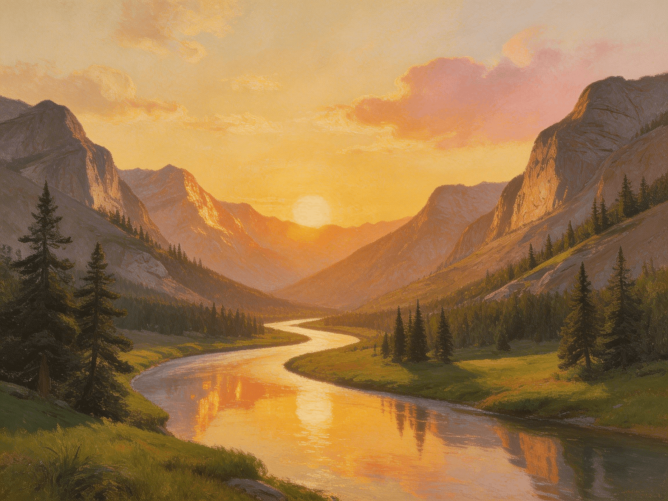Sunset over a winding river flowing through a mountainous valley with pine trees and rocky cliffs.